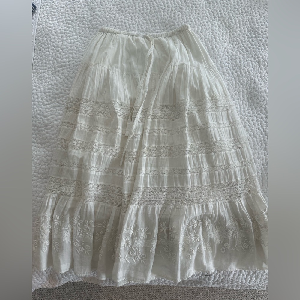 LoveShackFancy Cream Embroidered Maxi Skirt